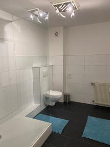 une salle de bain avec toilettes, baignoire et lavabo dans l'établissement FeWo Villa - Mitten im Herz Goslar, à Goslar 28 autres photos