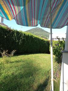a striped umbrella in a yard with a hedge at Chambre chez l'habitant in Saint Die