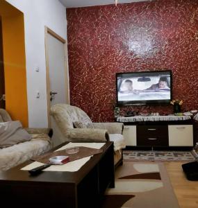 Stan na dan Bijelo Polje في بييلو بوليي: غرفة معيشة مع أريكة وتلفزيون بشاشة مسطحة
