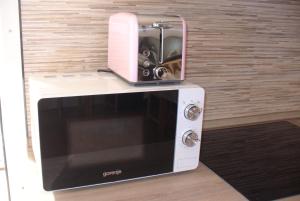 a toaster oven sitting on top of a microwave at Čebelica, apartma 101, Terme Čatež in Brežice