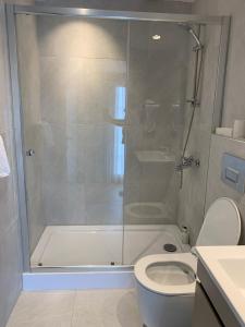 a bathroom with a shower and a toilet at Istanbul Park Hotel in Tuzla