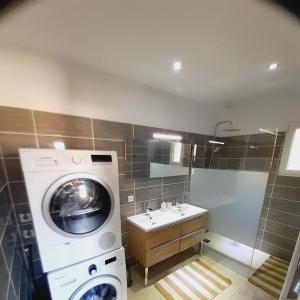 een badkamer met een wasmachine en een wastafel bij Chambres Privées " Les Pins " in Béziers