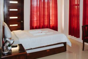 uma cama num quarto com cortinas vermelhas em RedDoorz @ LS Suites Poblacion Culasi Antique em Jalandoni