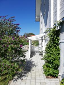 a walkway next to a white building with purple flowers at Barrierefreies Appartement auf der Alb in Trochtelfingen +3 photos