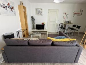 a living room with a couch with pillows on it at F2 garage box WiFi terasse clim Gare Fac Eco Richter in Montpellier