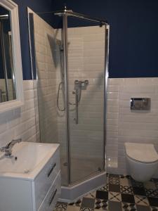 ein Bad mit einer Dusche, einem WC und einem Waschbecken in der Unterkunft Solaris Apartments Self-Check-In in Oppeln