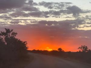 uma estrada de terra com o pôr-do-sol ao fundo em Kruger River Lodge em Hoedspruit