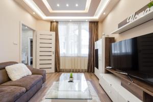 a living room with a couch and a tv at BpR Pure Nature Designer Suite in Budapest