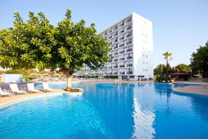 una gran piscina con un árbol y un edificio en HYB Eurocalas, en Calas de Mallorca