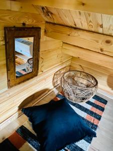 Habitación con espejo, sofá y almohada en La mahasiah en Puget-sur Argens