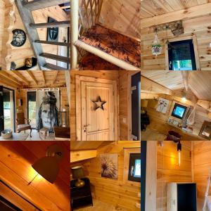 a collage of photos of a cabin with wood at La mahasiah in Puget-sur Argens