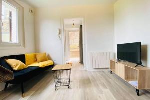 uma sala de estar com um sofá e uma televisão em Appartement cosy avec jardin chaleureux em Laon