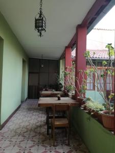 コチャバンバにあるALSIGAL COCHABAMBA Casa de Huéspedesのテーブルと鉢植えの植物が備わる部屋