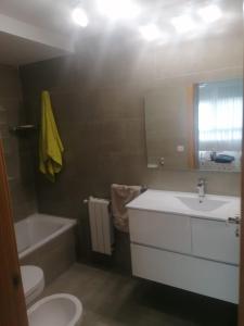 a bathroom with a sink and a toilet and a mirror at Apartamento Praga in Vitoria-Gasteiz