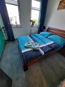 a bedroom with a bed with blue sheets and two windows at Meerblick - widok na morze in Puck