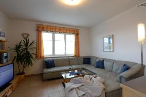 a living room with a couch and a tv at Ferienappartement Regina in Schrems