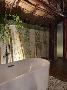 a bath tub in a room with plants on the wall at Cabañas Luxury in Bacalar