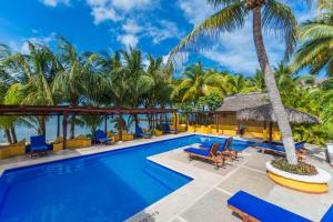 a resort swimming pool with chairs and palm trees at Hotel Meson de Mita in Punta Mita