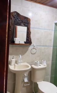 a bathroom with a sink and a toilet and a mirror at Pousada Recanto das Aves in Iguape