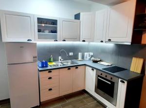 een keuken met witte kasten, een wastafel en een koelkast bij LYNX Apartments in Ohrid +8 foto's
