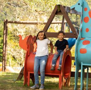 a boy and a girl sitting on a slide at a playground at Dantica Cloud Forest Lodge in San Gerardo de Dota