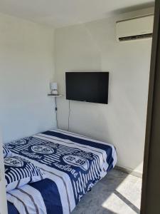 a bedroom with a bed and a flat screen tv at Superbe appartement plage SAINT-LAURENT DU VAR in Saint-Laurent-du-Var