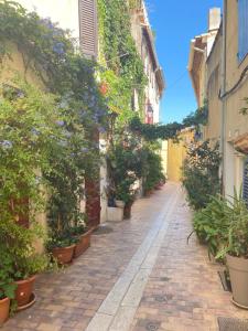 an alley with potted plants on the side of a building at Appartement le Quai du Port Cassis parking clim in Cassis