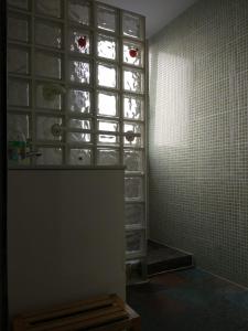 a bathroom with a glass block window and a shelf at Millennium in A Coruña