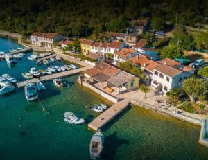 an aerial view of a harbor with boats in the water at Holiday house Punta Blue & Orange 5m from the sea, island Cres in Punta Križa