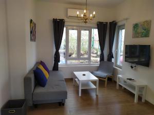 a living room with a couch and a tv at החן בירוק in El-Rom