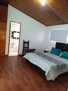 Un dormitorio con una cama y suelo de madera. en Hostal spa casa de piedra con jacuzzi, en Santa Rosa de Cabal