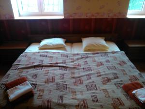 a bedroom with a bed with a blanket and two pillows at Kõrtsitalu külalistemaja in Kõpu