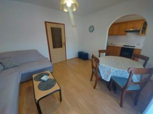 uma sala de estar com um sofá e uma mesa com cadeiras em Apartments Elizabeta em Draga Bašćanska