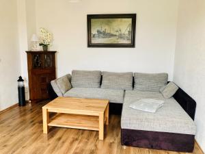 a living room with a couch and a coffee table at Ferienwohnung Heiligenhagen in Satow