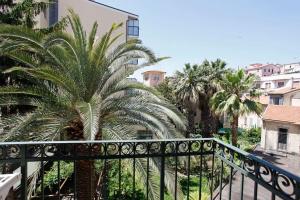 een balkon met uitzicht op palmbomen en gebouwen bij B&B Patrizio in San Benedetto del Tronto