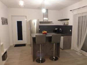 a kitchen with a counter and a stainless steel refrigerator at Forststrasse Apartment in Stockstadt am Main