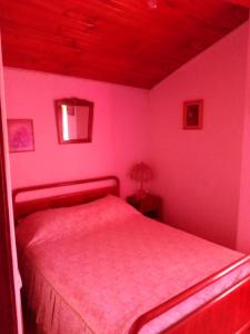 ein Schlafzimmer mit rosa Wänden und ein Bett in einem Zimmer in der Unterkunft Casa da fonte in Lavacolhos