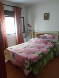Lavacolhos的住宿－Casa da fonte，卧室配有粉红色的床和窗户。