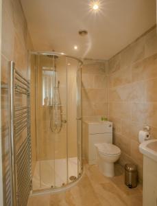 un bagno con doccia, WC e lavandino di Harvest Cottage and Holly Barn a Yarm