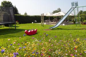 un parque infantil con un tobogán en un campo de flores en Venngasthof Zur Buche, en Monschau