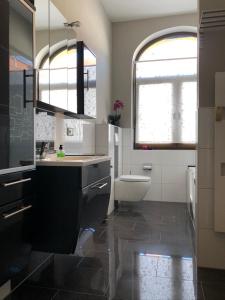 La salle de bains est pourvue d'un lavabo et de toilettes. dans l'établissement Ferienwohnung an der grünen Clara, à Erfurt