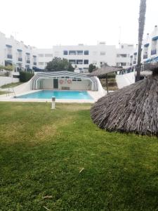 une piscine avec toit de chaume dans l'établissement ALCARAVAN 50, à Huelva