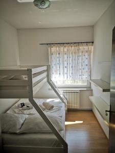 a bedroom with a bunk bed and a window at Apartma Čeh in Gabrovica pri Črnem Kalu