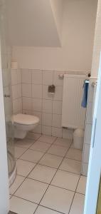 a white bathroom with a toilet and a sink at Hotel Gasthaus Felseneck in Staufenberg