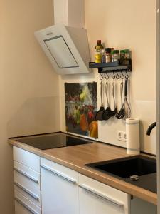 eine Küche mit einer Spüle und einer Mikrowelle in der Unterkunft Moderne Ferienwohnung mit Retro-Charme in Wülfrath