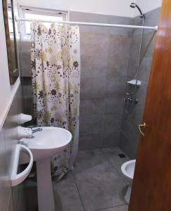 baño con lavabo y cortina de ducha en Deptos del sur en Tandil