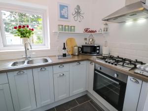 a kitchen with a sink and a stove top oven at Y Bwthyn in Conwy