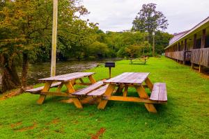 twee picknicktafels op het gras naast een rivier bij Lloyd's On The River Country Inn By Oyo in Bryson City