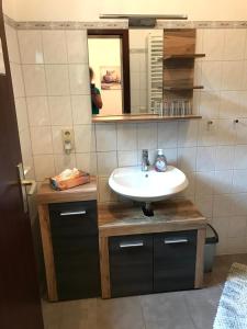 een badkamer met een wastafel en een spiegel bij Haus Daheim in Bad Schandau