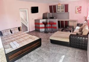 ein Schlafzimmer mit einem Bett und einem Sofa sowie eine Küche in der Unterkunft Merilyn Petrich in Petrich